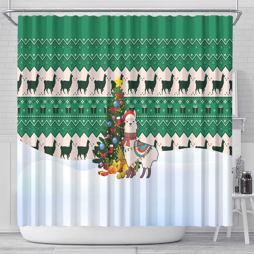 Llama Decorating Tree in Santa Hat Shower Curtain with Green Gift Pattern Design - Wonder Print Shop