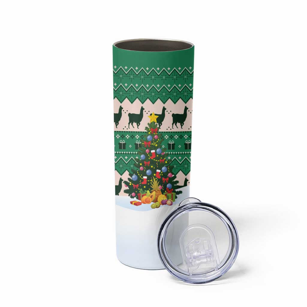 Llama Decorating Tree in Santa Hat Skinny Tumbler with Green Gift Pattern Design - Wonder Print Shop