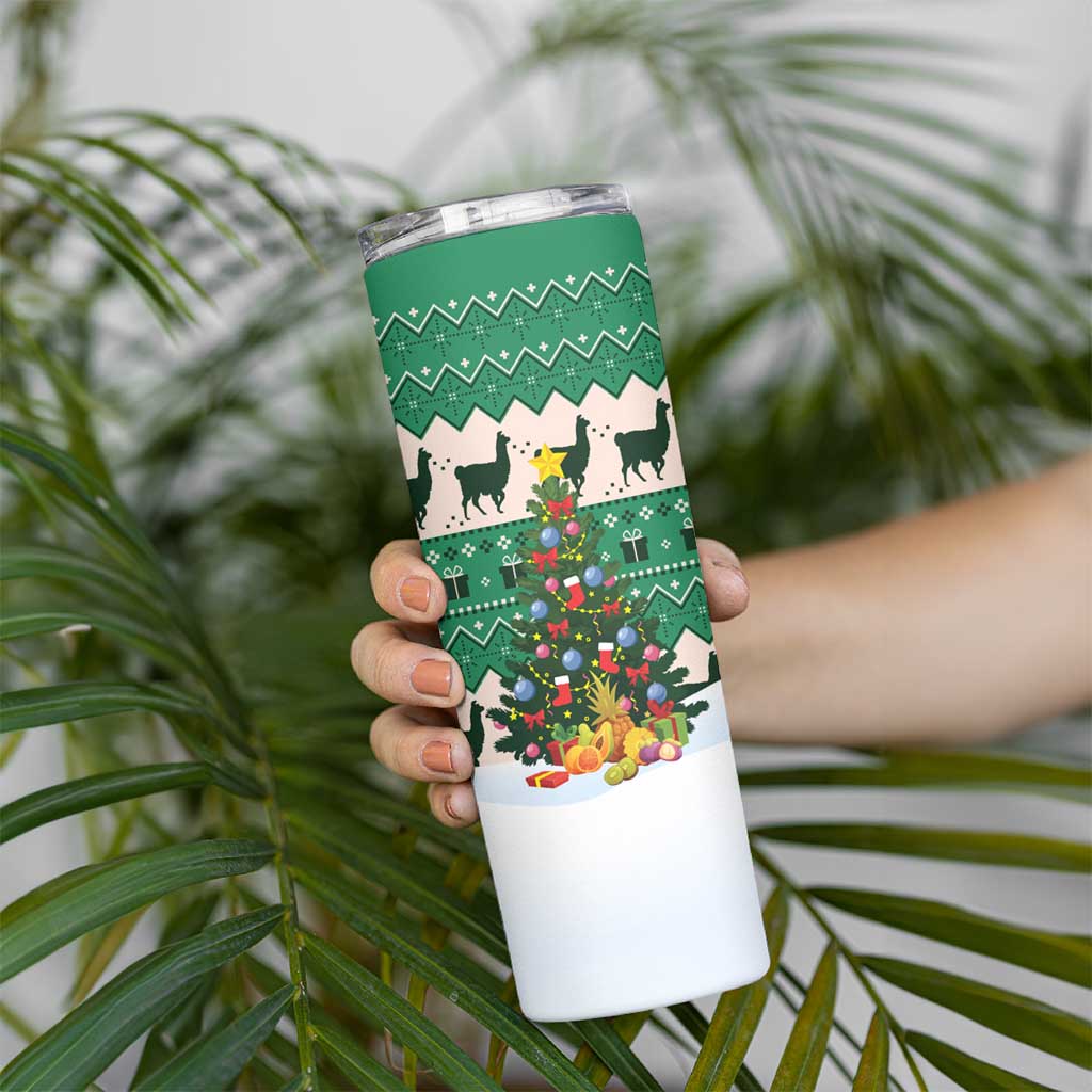 Llama Decorating Tree in Santa Hat Skinny Tumbler with Green Gift Pattern Design - Wonder Print Shop