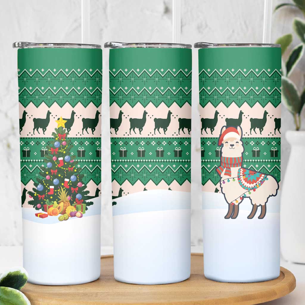 Llama Decorating Tree in Santa Hat Skinny Tumbler with Green Gift Pattern Design - Wonder Print Shop