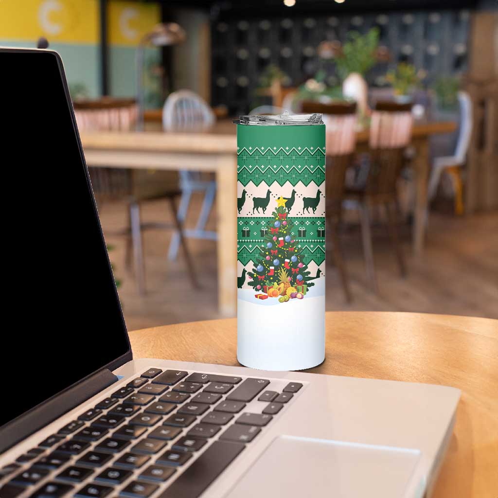 Llama Decorating Tree in Santa Hat Skinny Tumbler with Green Gift Pattern Design - Wonder Print Shop