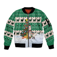 Llama Decorating Tree in Santa Hat Sleeve Zip Bomber Jacket with Green Gift Pattern Design - Wonder Print Shop