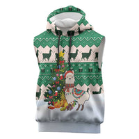 Llama Decorating Tree in Santa Hat Sleeveless Hoodie with Green Gift Pattern Design - Wonder Print Shop