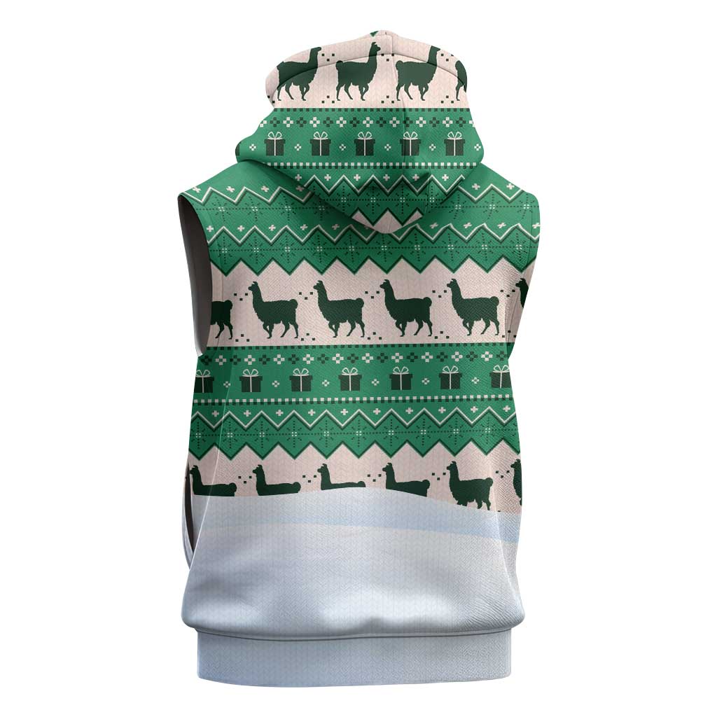 Llama Decorating Tree in Santa Hat Sleeveless Hoodie with Green Gift Pattern Design - Wonder Print Shop