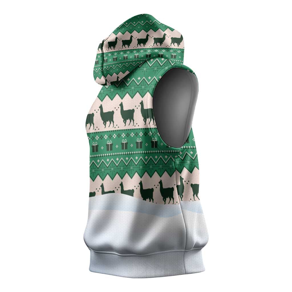 Llama Decorating Tree in Santa Hat Sleeveless Hoodie with Green Gift Pattern Design - Wonder Print Shop
