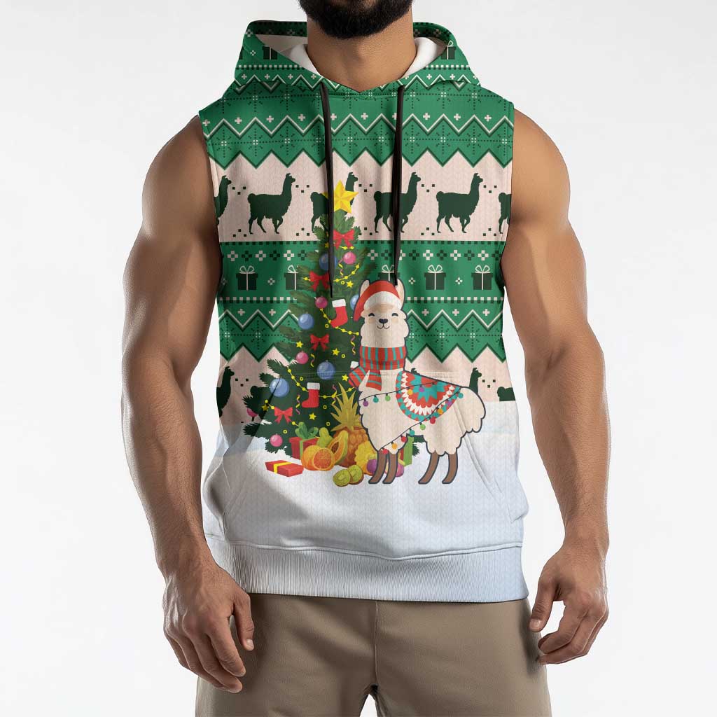 Llama Decorating Tree in Santa Hat Sleeveless Hoodie with Green Gift Pattern Design - Wonder Print Shop