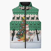 Llama Decorating Tree in Santa Hat Sleeveless Puffer Jacket with Green Gift Pattern Design - Wonder Print Shop