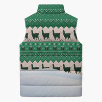 Llama Decorating Tree in Santa Hat Sleeveless Puffer Jacket with Green Gift Pattern Design - Wonder Print Shop
