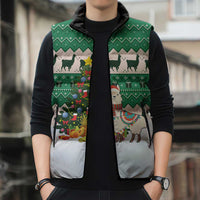 Llama Decorating Tree in Santa Hat Sleeveless Puffer Jacket with Green Gift Pattern Design - Wonder Print Shop