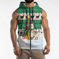 Llama Decorating Tree in Santa Hat Sleeveless Zip Hoodie with Green Gift Pattern Design - Wonder Print Shop