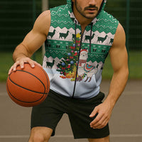 Llama Decorating Tree in Santa Hat Sleeveless Zip Hoodie with Green Gift Pattern Design - Wonder Print Shop