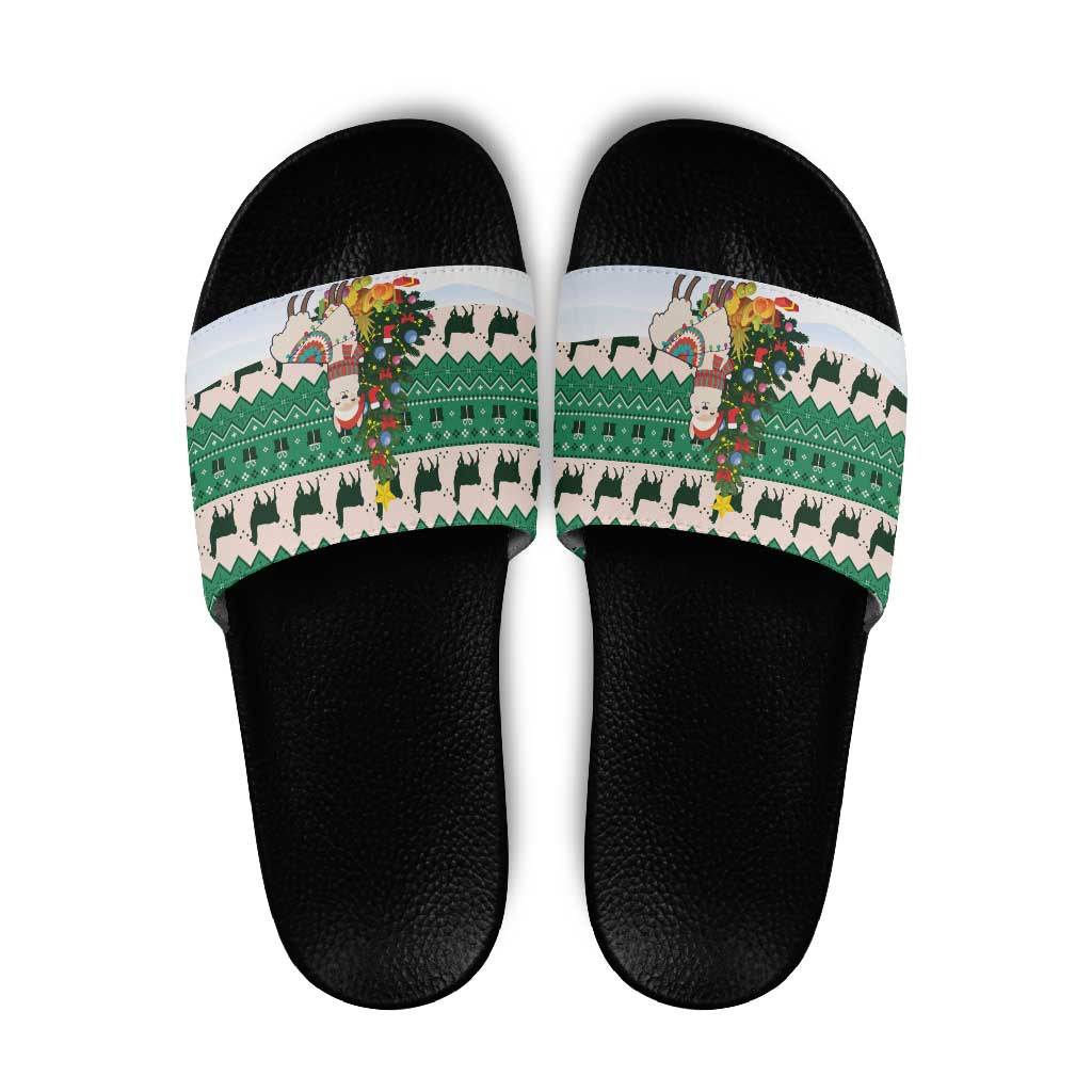 Llama Decorating Tree in Santa Hat Slide Sandals with Green Gift Pattern Design - Wonder Print Shop