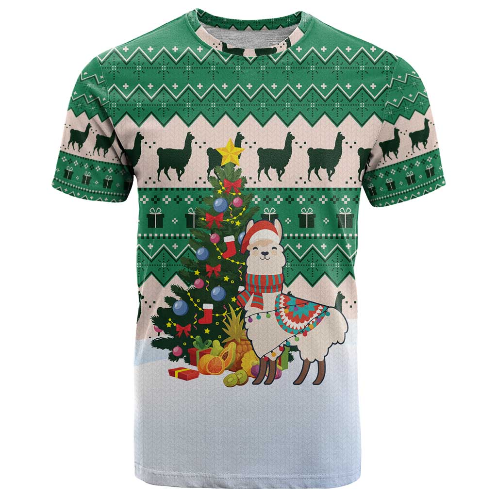 Llama Decorating Tree in Santa Hat T Shirt with Green Gift Pattern Design - Wonder Print Shop