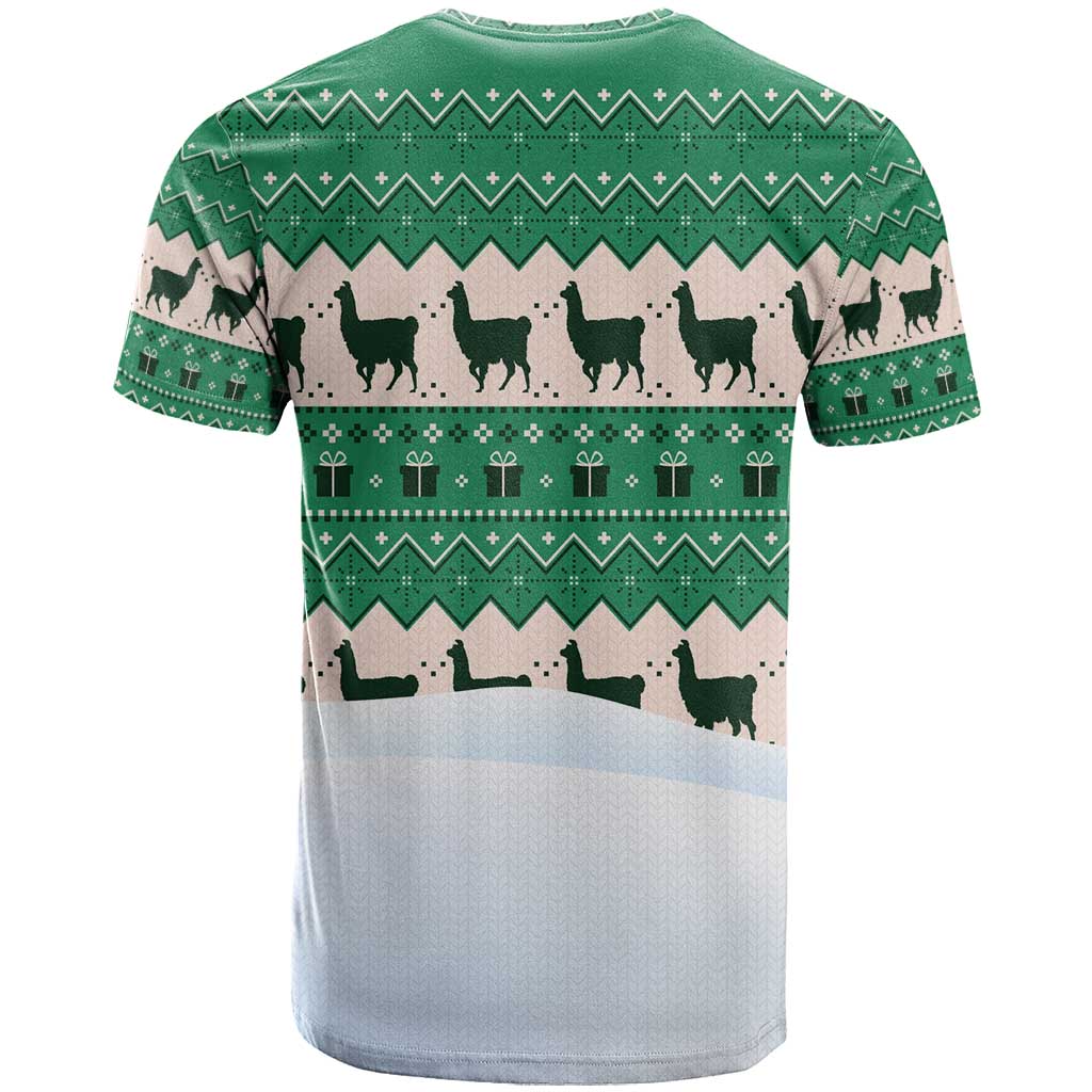 Llama Decorating Tree in Santa Hat T Shirt with Green Gift Pattern Design - Wonder Print Shop