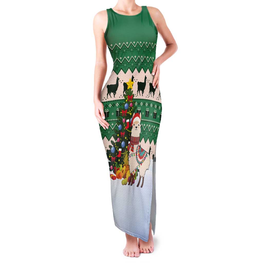 Llama Decorating Tree in Santa Hat Tank Maxi Dress with Green Gift Pattern Design - Wonder Print Shop
