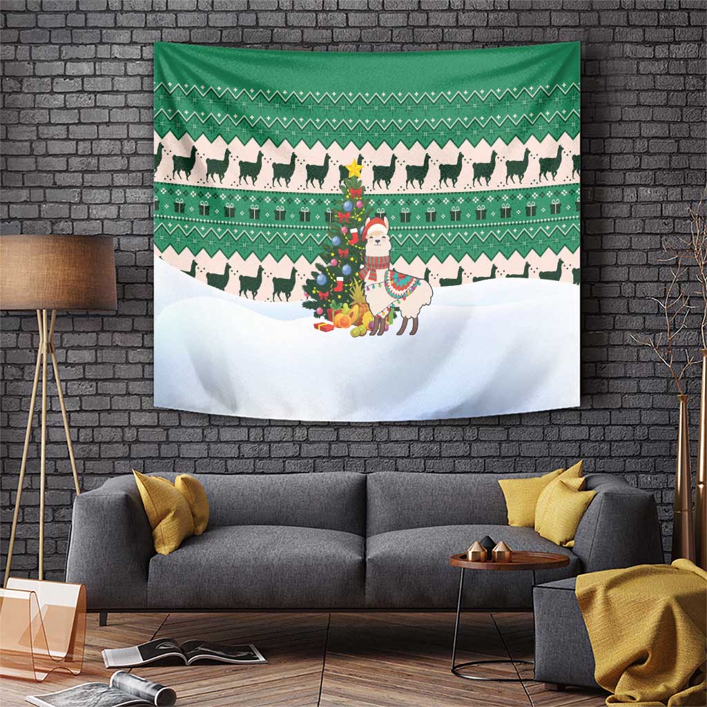 Llama Decorating Tree in Santa Hat Tapestry with Green Gift Pattern Design - Wonder Print Shop