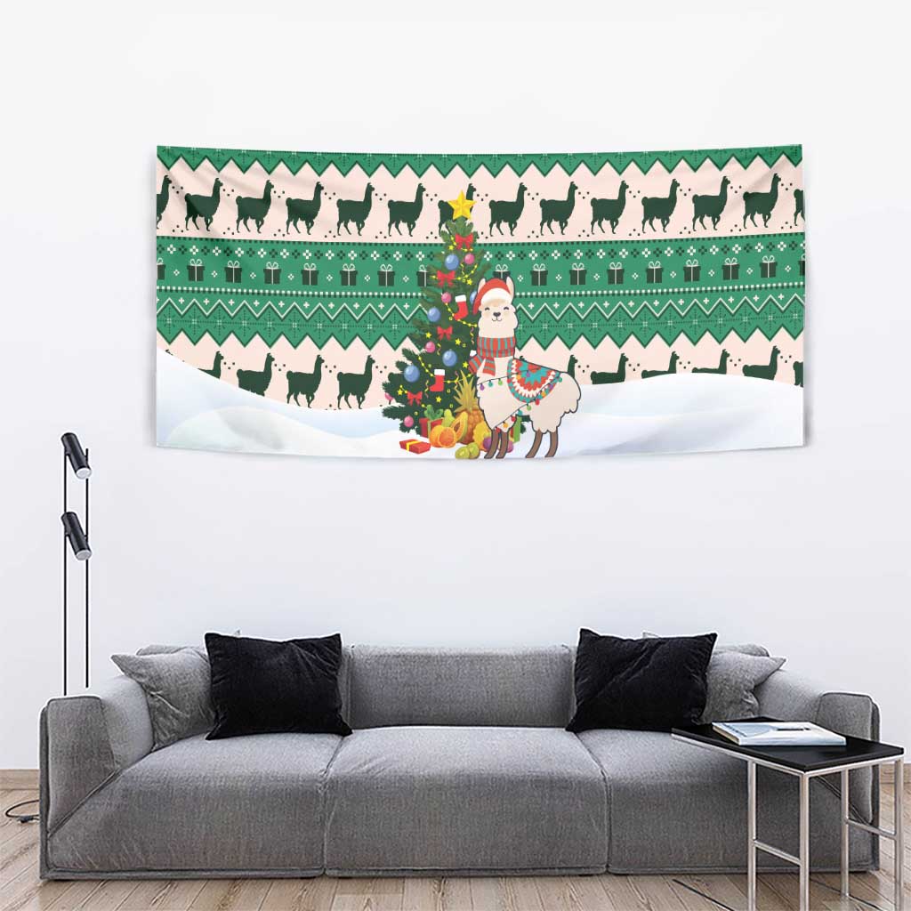 Llama Decorating Tree in Santa Hat Tapestry with Green Gift Pattern Design - Wonder Print Shop