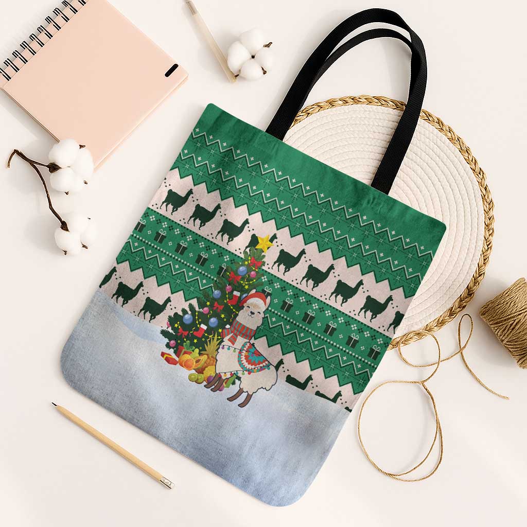 Llama Decorating Tree in Santa Hat Tote Bag with Green Gift Pattern Design - Wonder Print Shop