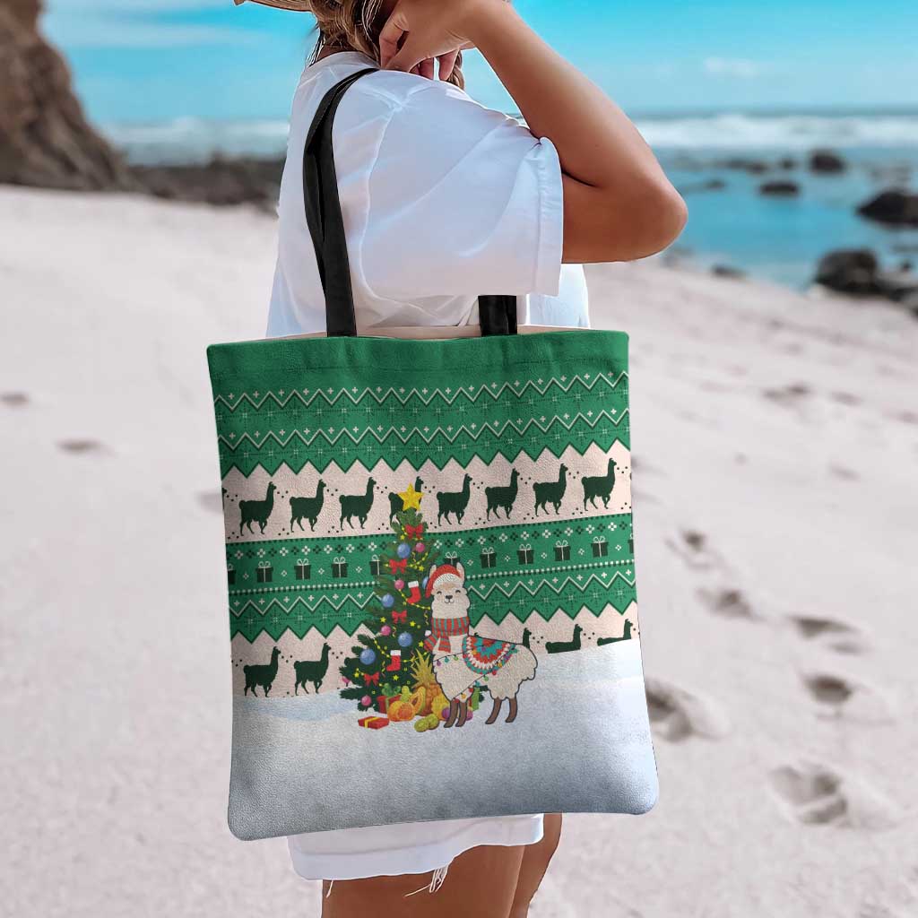 Llama Decorating Tree in Santa Hat Tote Bag with Green Gift Pattern Design - Wonder Print Shop