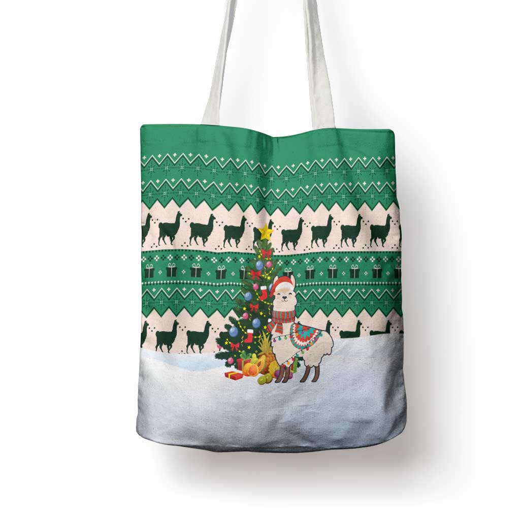Llama Decorating Tree in Santa Hat Tote Bag with Green Gift Pattern Design - Wonder Print Shop