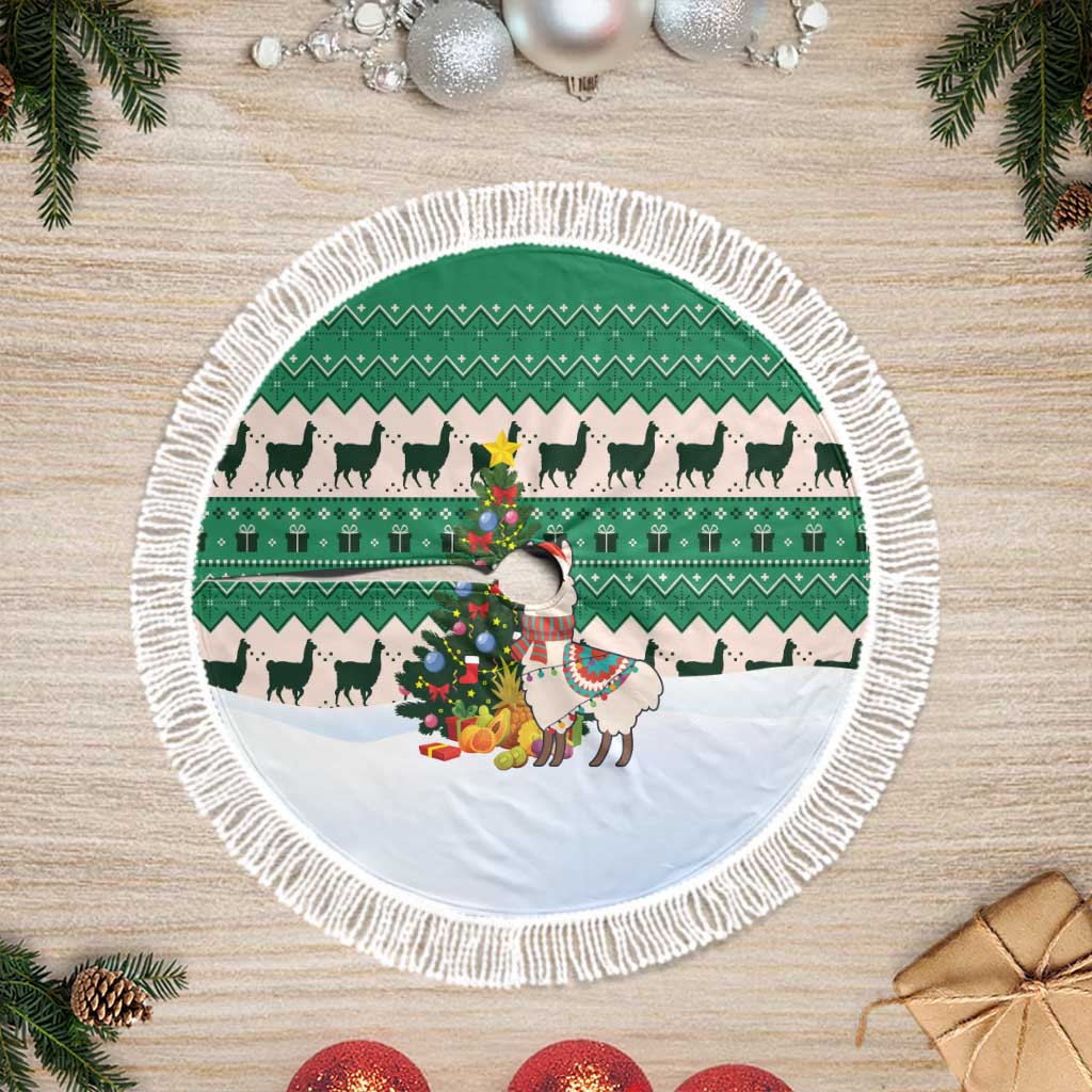 Llama Decorating Tree in Santa Hat Tree Skirt with Green Gift Pattern Design - Wonder Print Shop