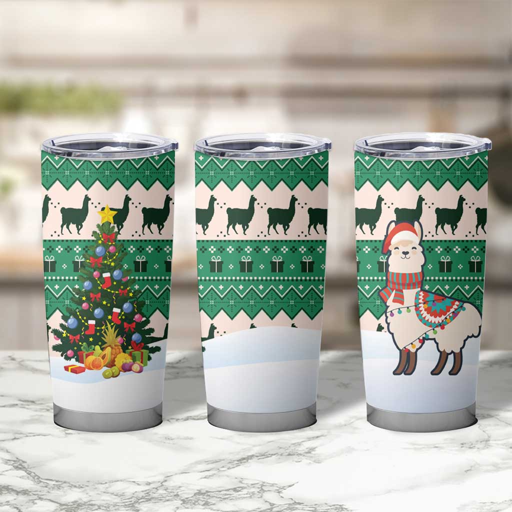 Llama Decorating Tree in Santa Hat Tumbler Cup with Green Gift Pattern Design - Wonder Print Shop