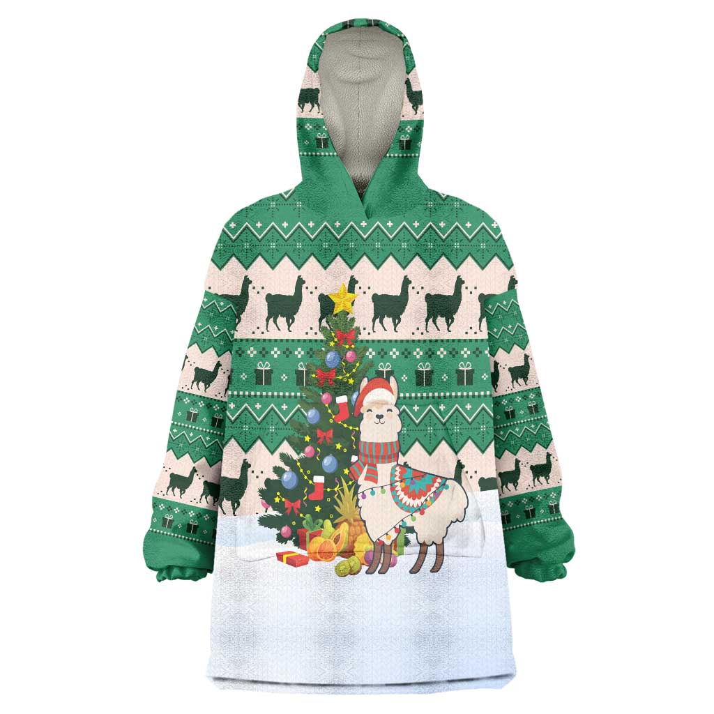 Llama Decorating Tree in Santa Hat Wearable Blanket Hoodie with Green Gift Pattern Design - Wonder Print Shop