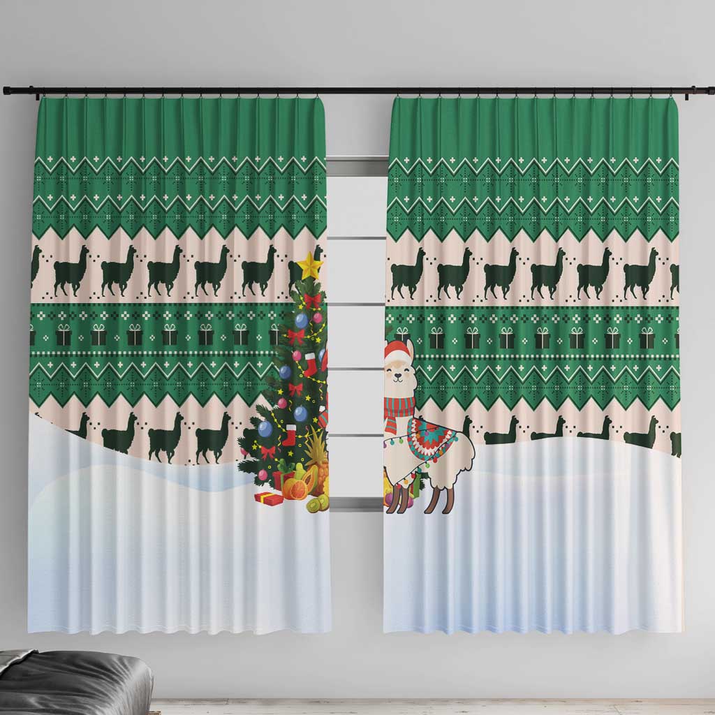 Llama Decorating Tree in Santa Hat Window Curtain with Green Gift Pattern Design - Wonder Print Shop