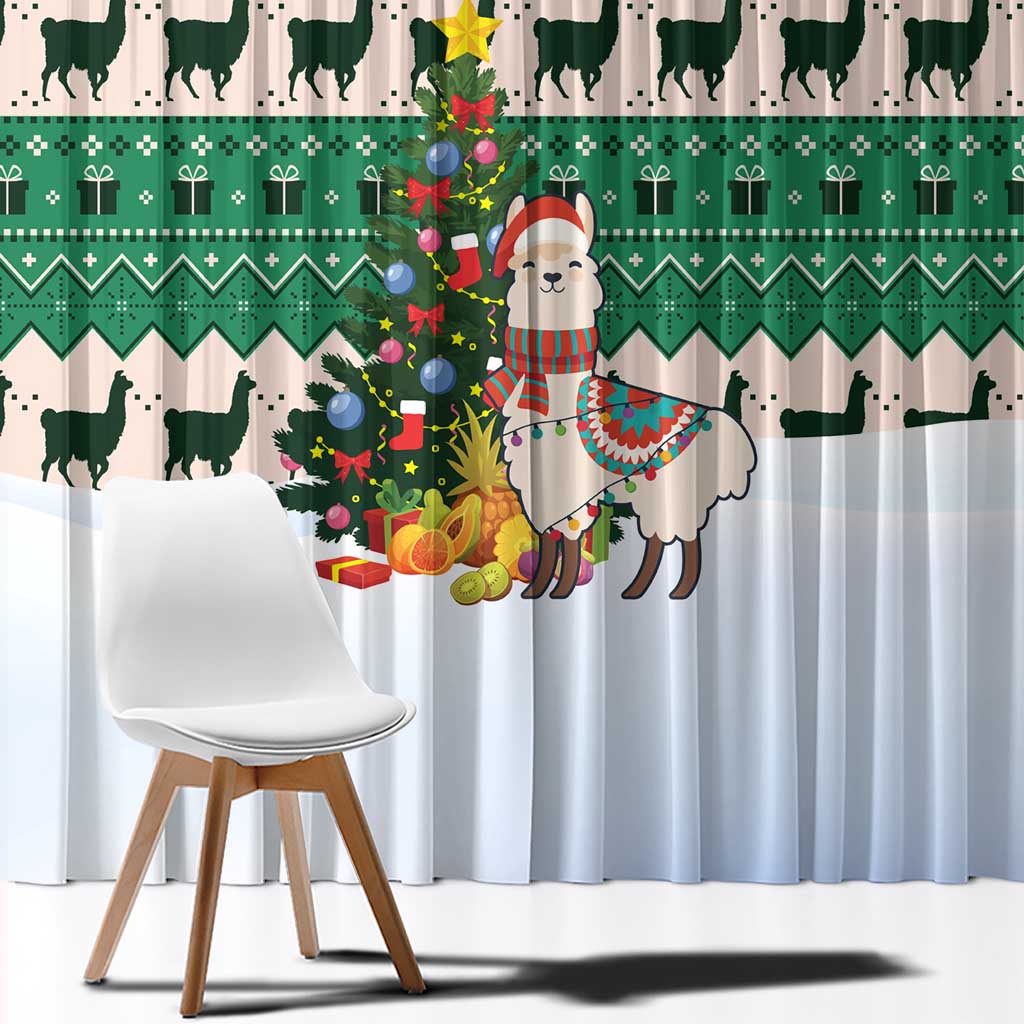 Llama Decorating Tree in Santa Hat Window Curtain with Green Gift Pattern Design - Wonder Print Shop