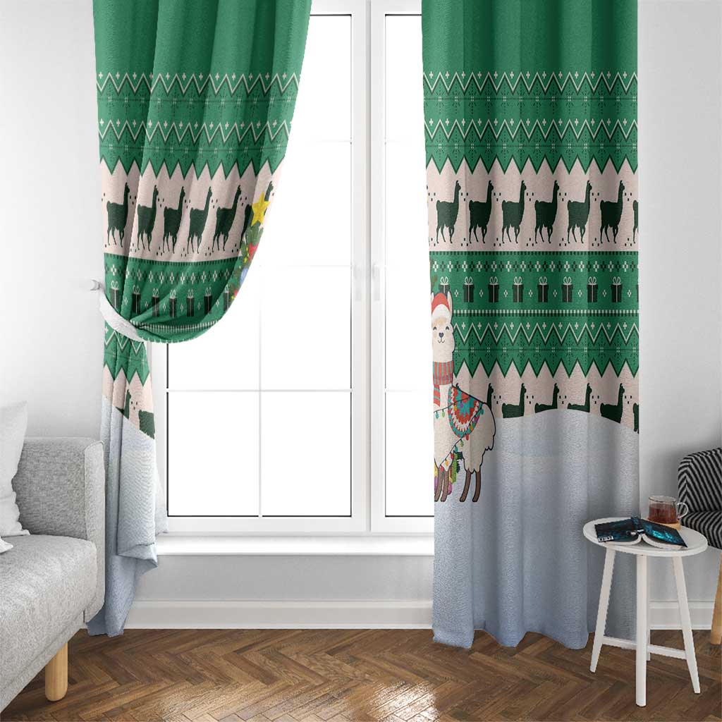 Llama Decorating Tree in Santa Hat Window Curtain with Green Gift Pattern Design - Wonder Print Shop