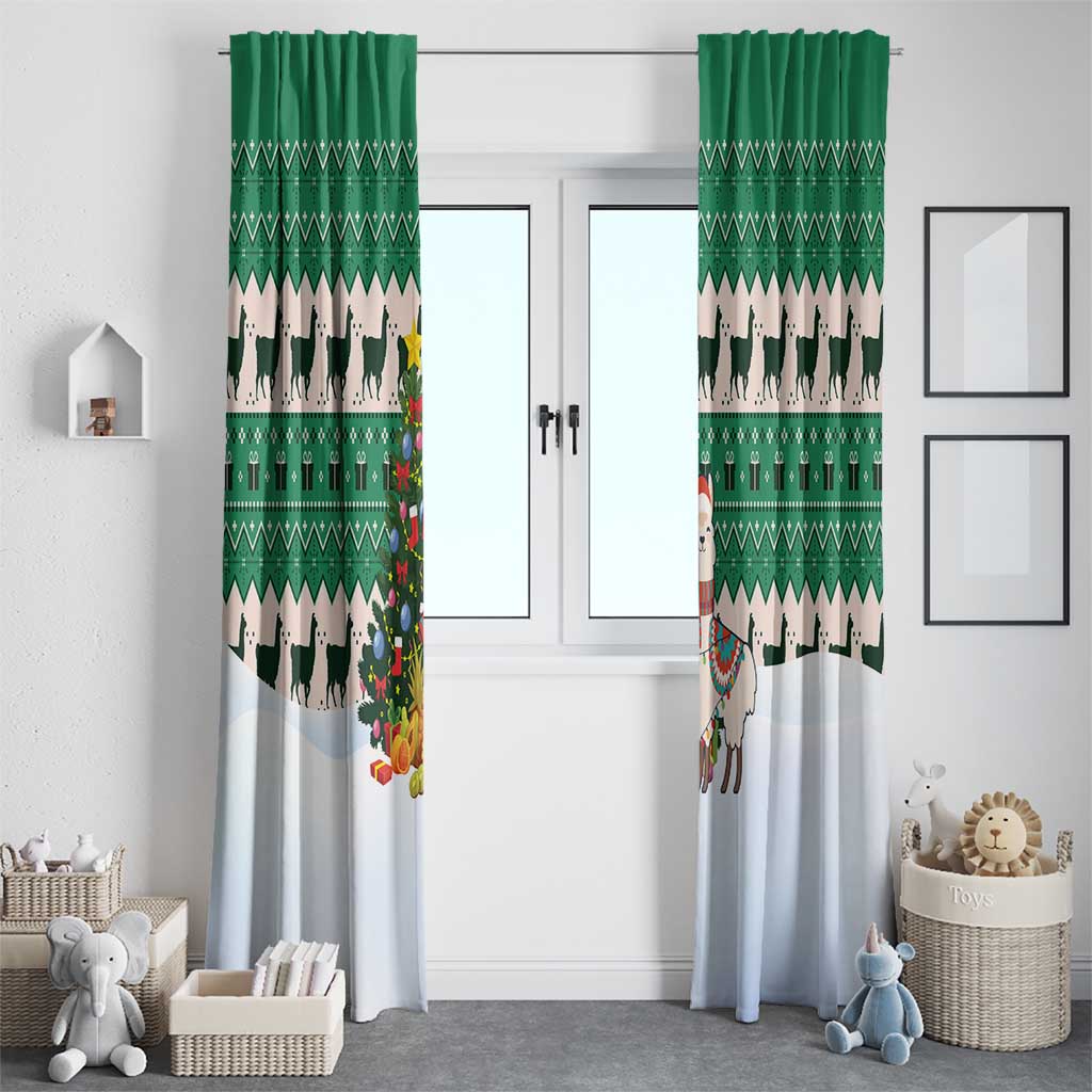 Llama Decorating Tree in Santa Hat Window Curtain with Green Gift Pattern Design - Wonder Print Shop