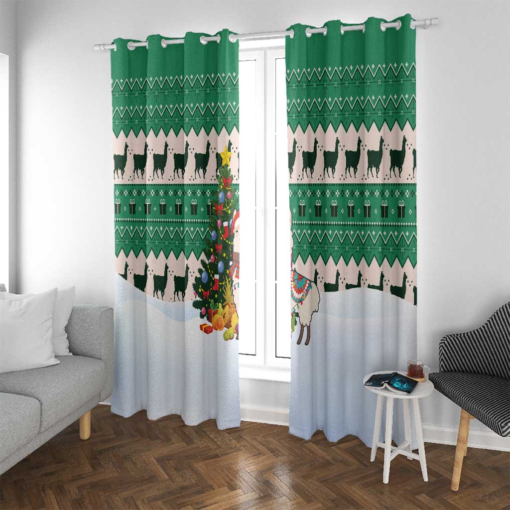 Llama Decorating Tree in Santa Hat Window Curtain with Green Gift Pattern Design - Wonder Print Shop