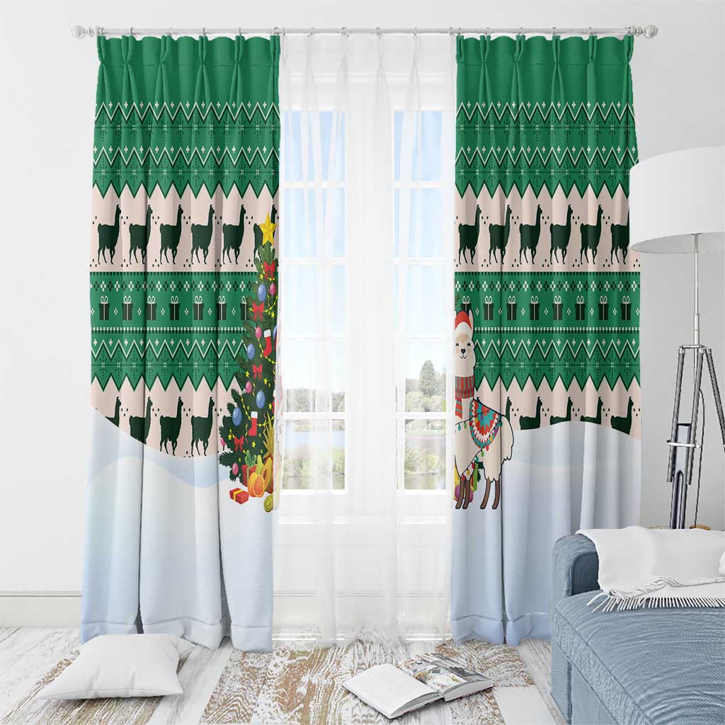 Llama Decorating Tree in Santa Hat Window Curtain with Green Gift Pattern Design - Wonder Print Shop