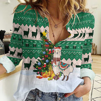 Llama Decorating Tree in Santa Hat Women Casual Shirt with Green Gift Pattern Design - Wonder Print Shop