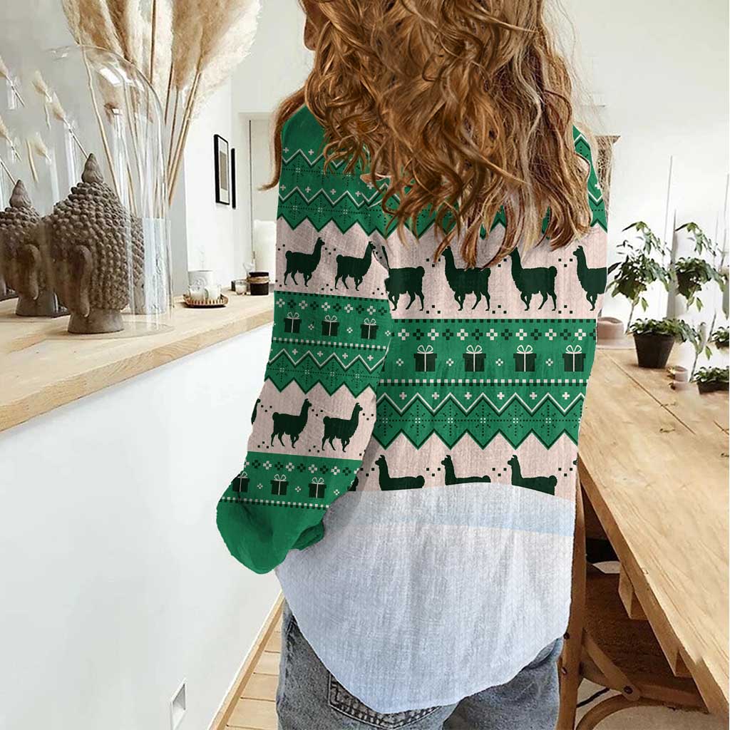 Llama Decorating Tree in Santa Hat Women Casual Shirt with Green Gift Pattern Design - Wonder Print Shop
