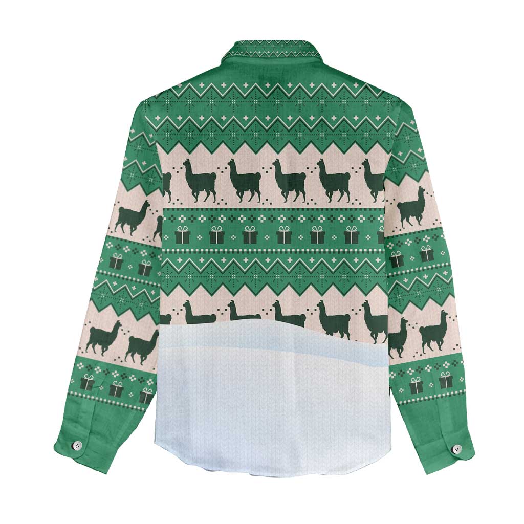 Llama Decorating Tree in Santa Hat Women Casual Shirt with Green Gift Pattern Design - Wonder Print Shop
