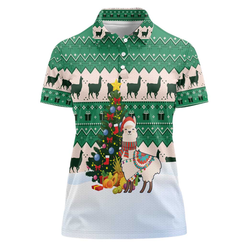 Llama Decorating Tree in Santa Hat Women Polo Shirt with Green Gift Pattern Design - Wonder Print Shop