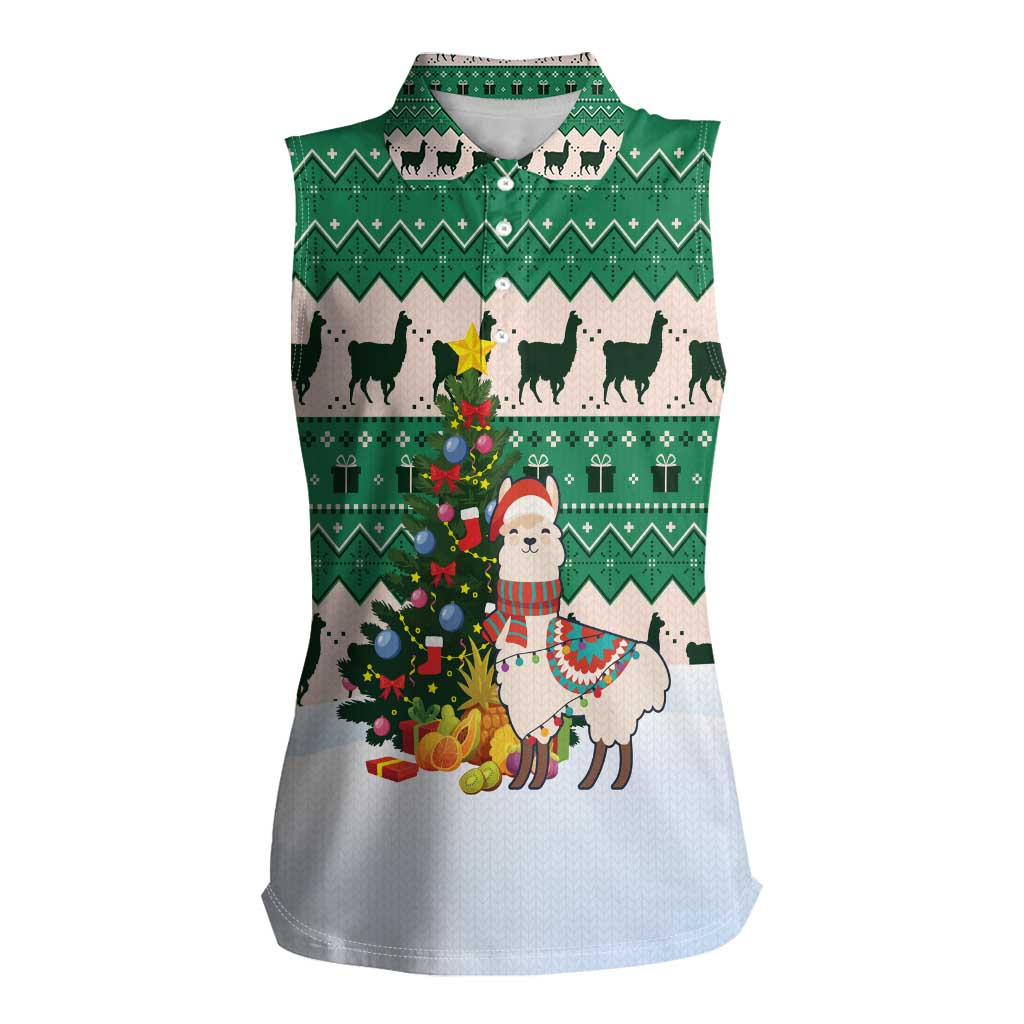 Llama Decorating Tree in Santa Hat Women Sleeveless Polo Shirt with Green Gift Pattern Design - Wonder Print Shop