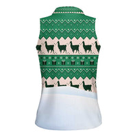 Llama Decorating Tree in Santa Hat Women Sleeveless Polo Shirt with Green Gift Pattern Design - Wonder Print Shop