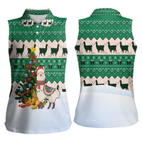 Llama Decorating Tree in Santa Hat Women Sleeveless Polo Shirt with Green Gift Pattern Design - Wonder Print Shop