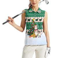 Llama Decorating Tree in Santa Hat Women Sleeveless Polo Shirt with Green Gift Pattern Design - Wonder Print Shop
