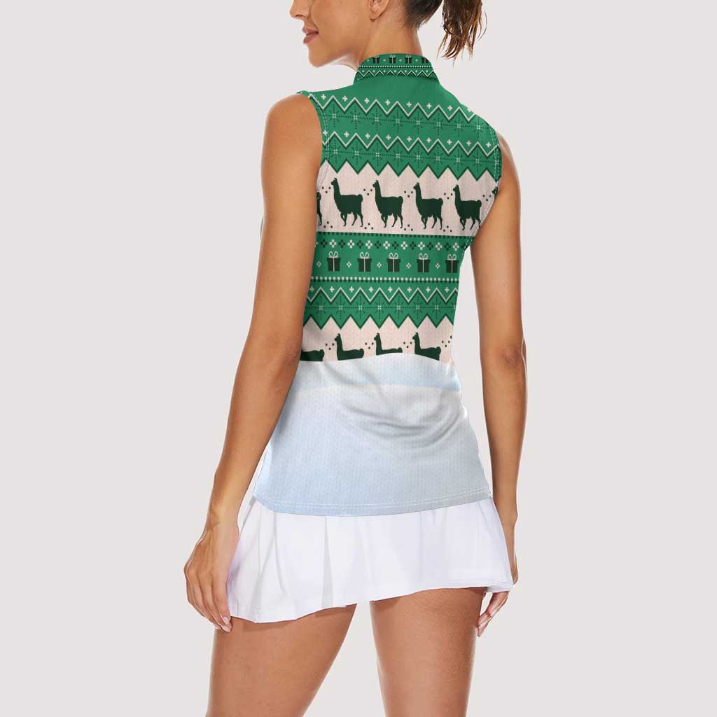 Llama Decorating Tree in Santa Hat Women Sleeveless Polo Shirt with Green Gift Pattern Design - Wonder Print Shop