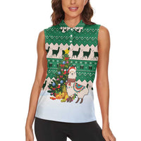 Llama Decorating Tree in Santa Hat Women Sleeveless Polo Shirt with Green Gift Pattern Design - Wonder Print Shop