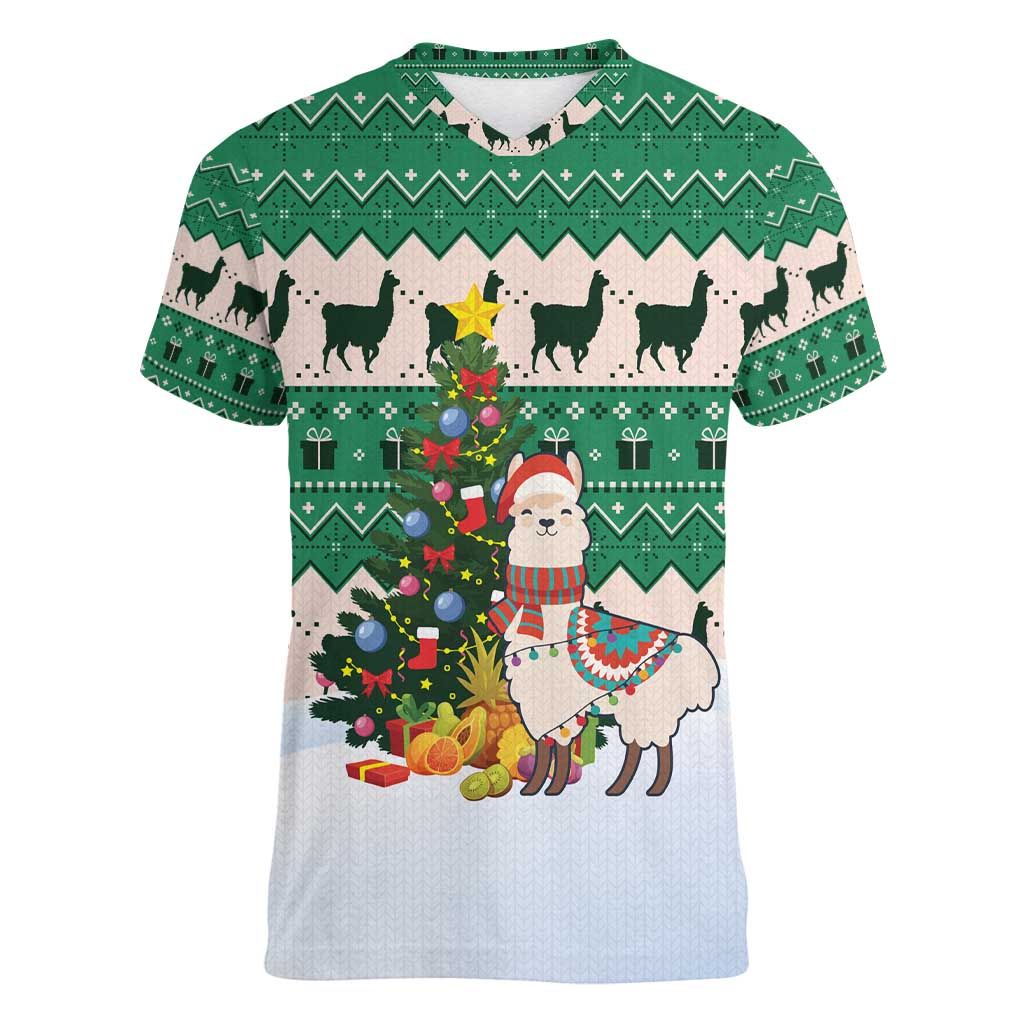 Llama Decorating Tree in Santa Hat Women V-Neck T-Shirt with Green Gift Pattern Design - Wonder Print Shop