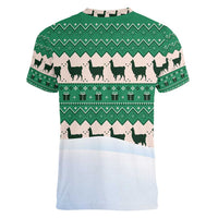Llama Decorating Tree in Santa Hat Women V-Neck T-Shirt with Green Gift Pattern Design - Wonder Print Shop