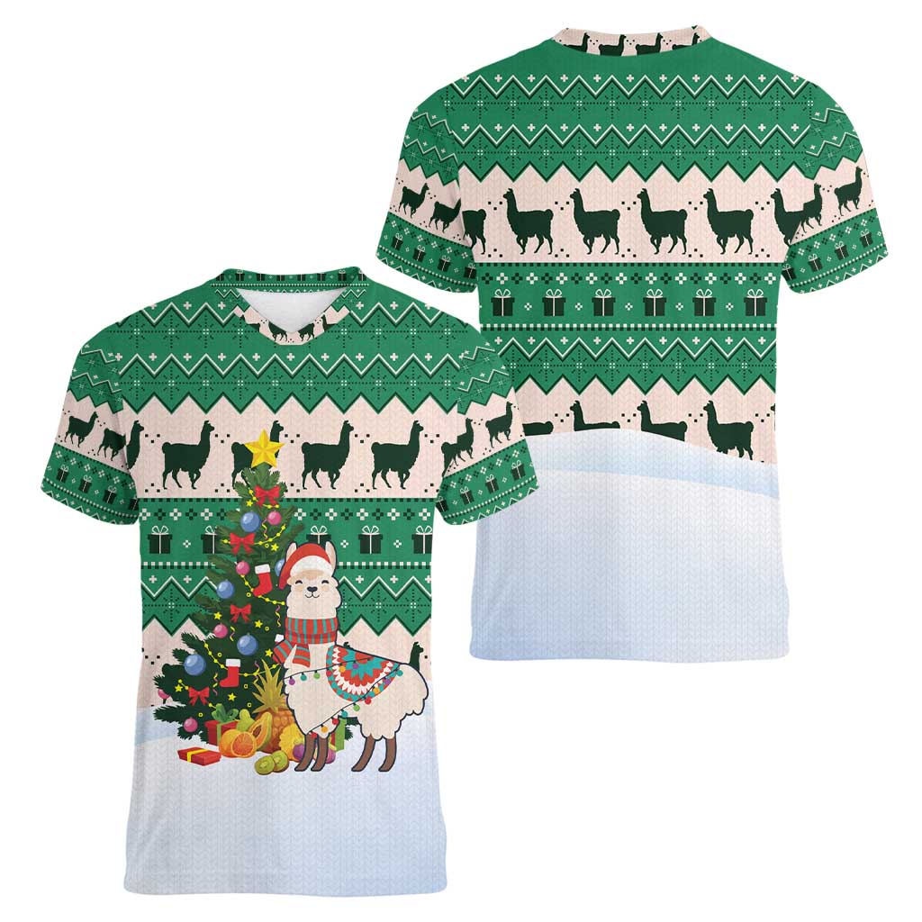 Llama Decorating Tree in Santa Hat Women V-Neck T-Shirt with Green Gift Pattern Design - Wonder Print Shop