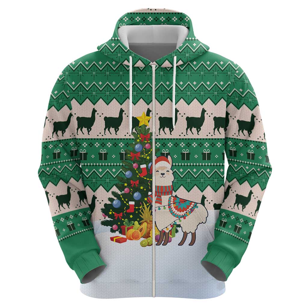 Llama Decorating Tree in Santa Hat Zip Hoodie with Green Gift Pattern Design - Wonder Print Shop