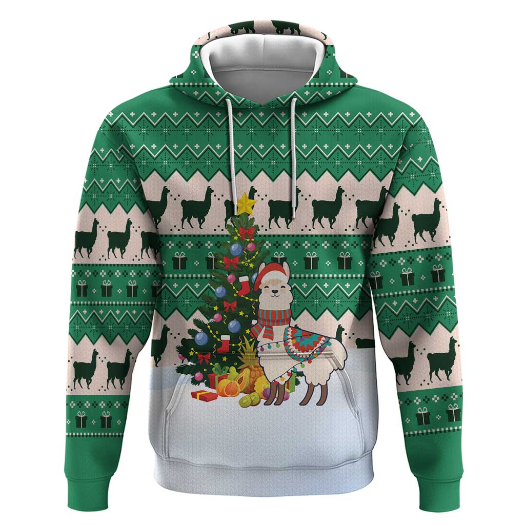 Llama Decorating Tree in Santa Hat Zip Hoodie with Green Gift Pattern Design - Wonder Print Shop