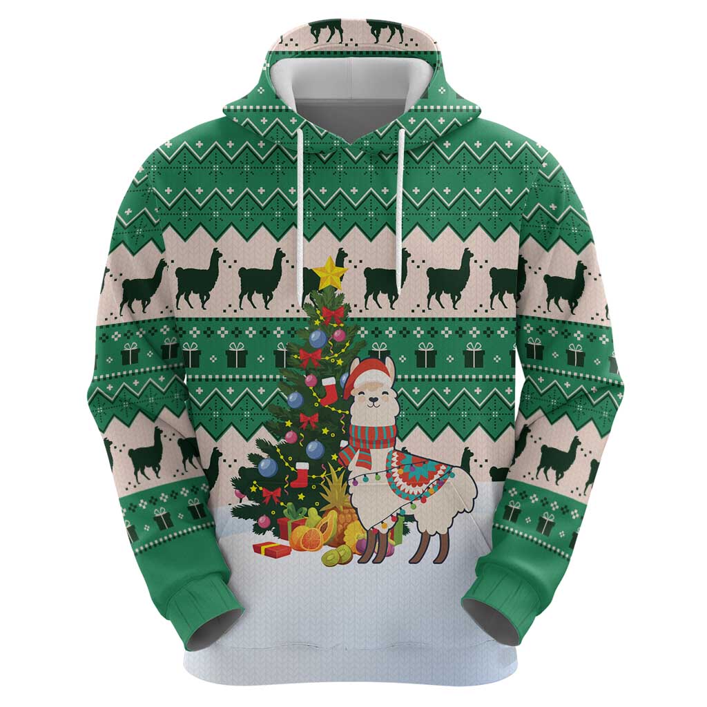 Llama Decorating Tree in Santa Hat Zip Hoodie with Green Gift Pattern Design - Wonder Print Shop