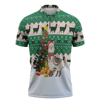 Llama Decorating Tree in Santa Hat Zipper Polo Shirt with Green Gift Pattern Design - Wonder Print Shop